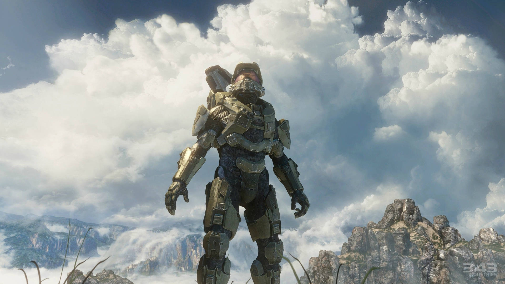 斯巴達士兵穿著未來盔甲站在山頂上，有雲。