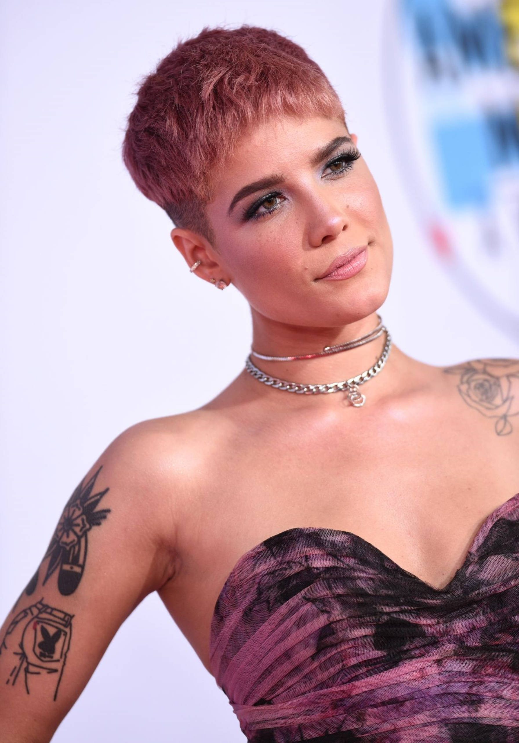 Halsey 出席 2018 年美國音樂獎 壁紙 — 一位短粉紅髮、有紋身的女性，身穿紫色連衣裙和銀色頸鏈，背景為亮白色。