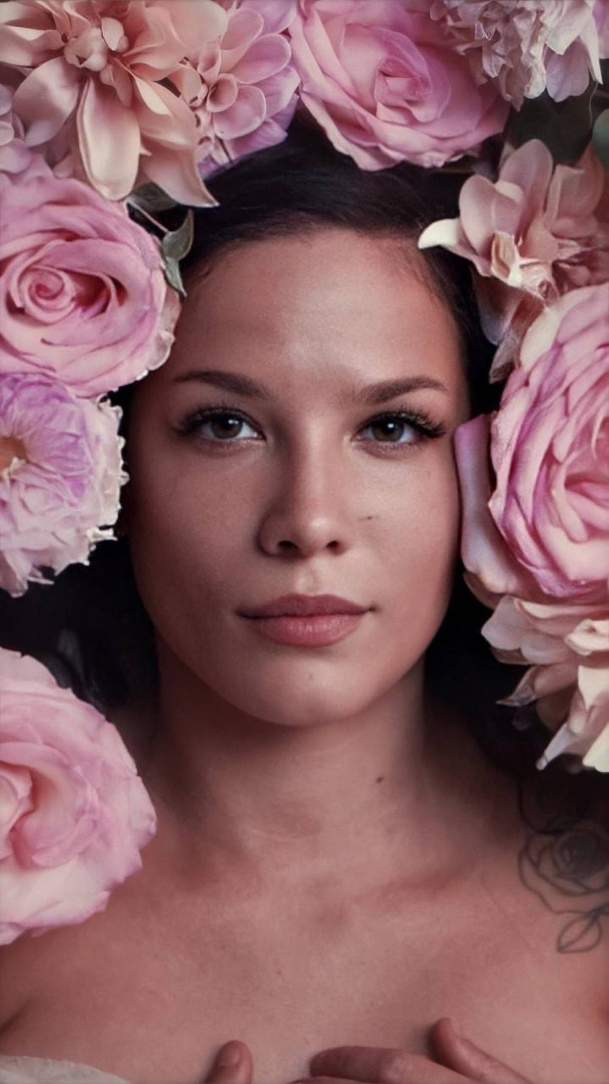 Halsey 與粉紅玫瑰 壁紙 — 一位深色頭髮、眼神溫柔的女性，被茂盛的粉紅和蜜桃色玫瑰冠冕所環繞。