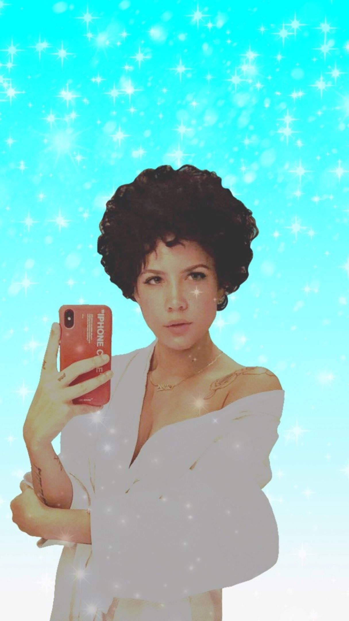 Halsey 花漾自拍 壁紙 — 一位擁有豐盈爆炸頭髮型的女士，在閃爍著星星的青色背景下自拍。