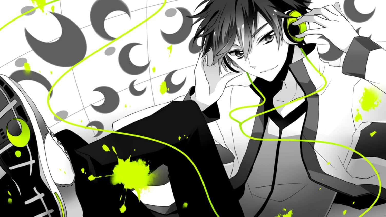Hamatora 音樂 壁紙 — 戴著耳機的動漫男孩微笑，霓虹綠色飛濺和月牙圖案在他周圍旋轉。