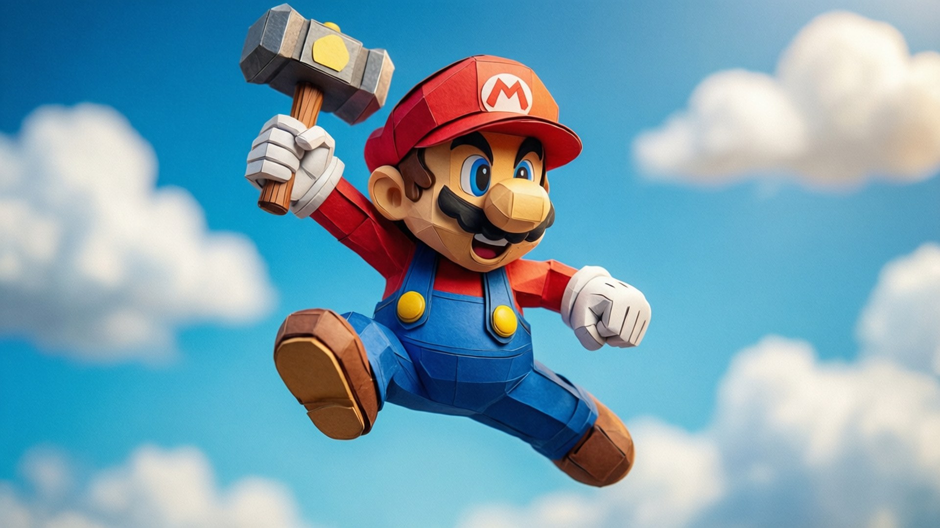 Mario 以紙藝風格手持錘子在天空中飛翔