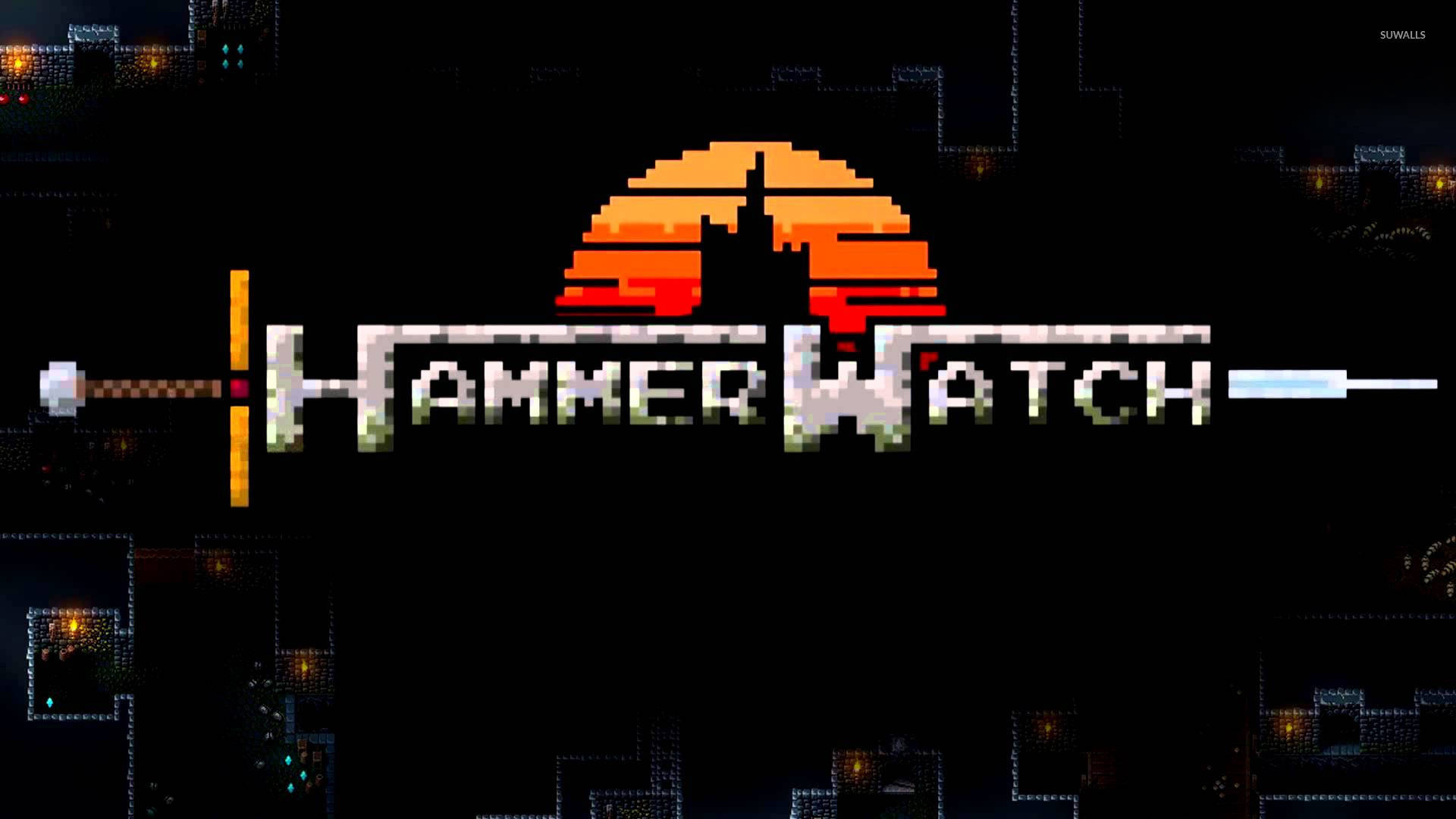 像素化的 Hammerwatch 遊戲標誌，帶有日落和城堡剪影。