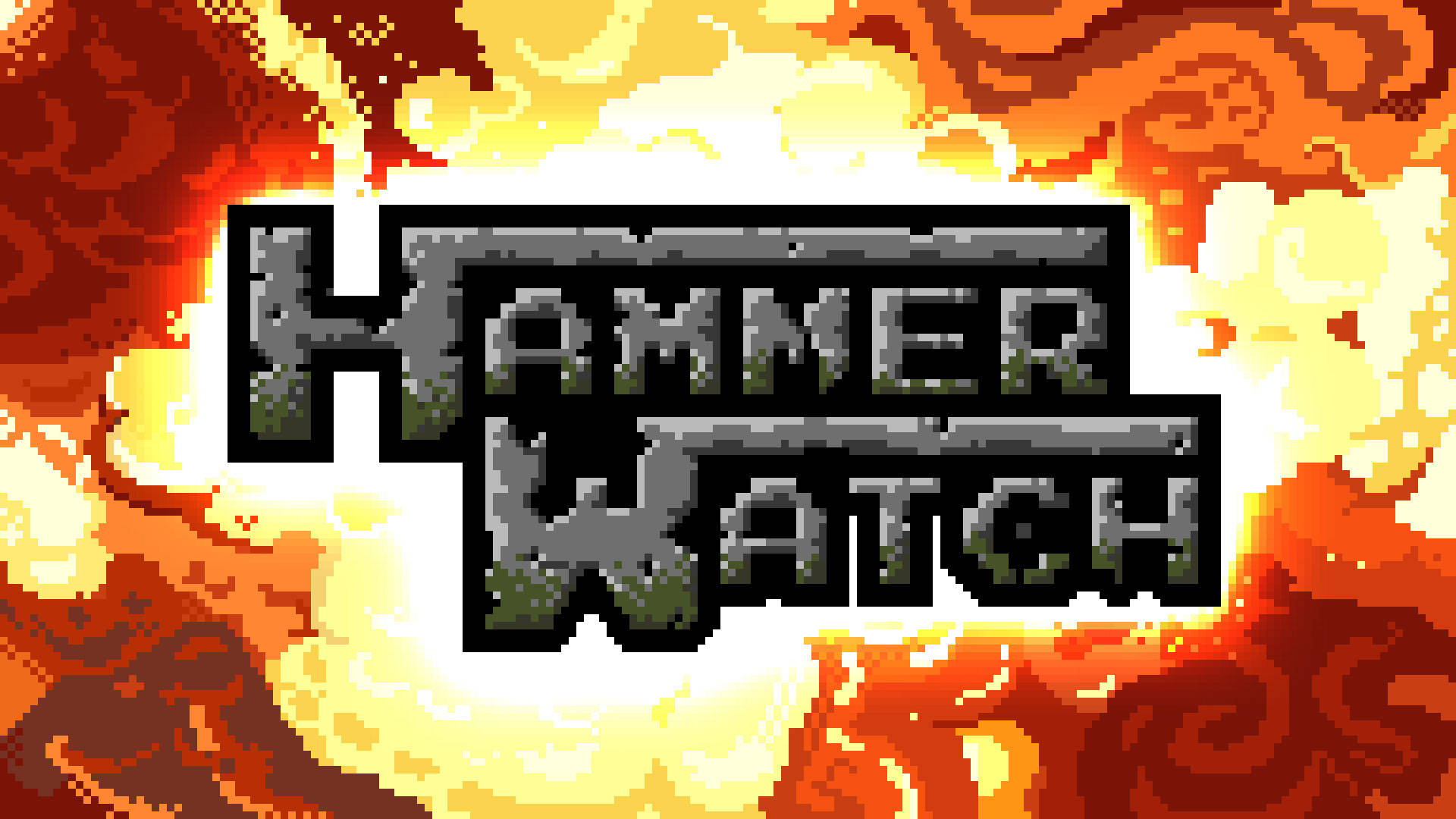 像素化遊戲標誌 Hammer Watch 被熾熱的爆炸包圍。