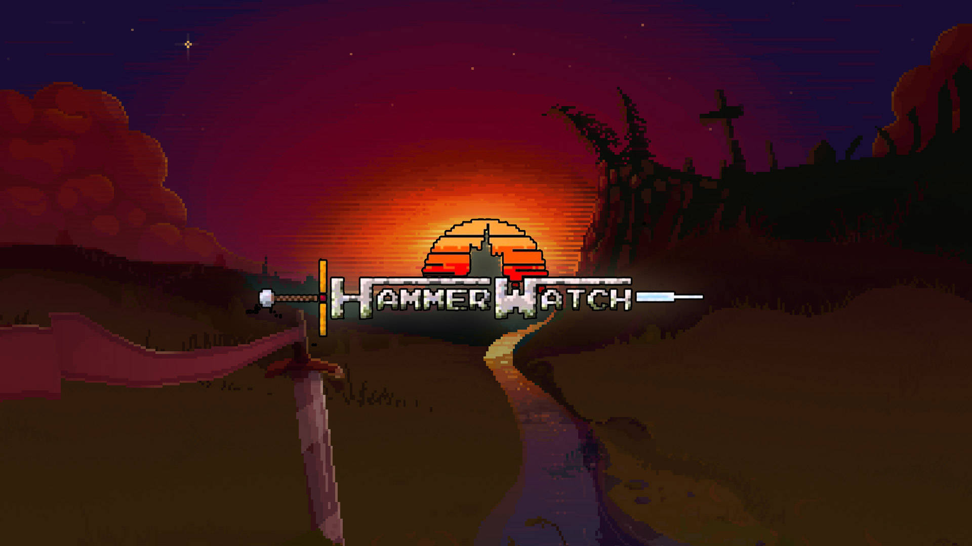 像素藝術遊戲標題 Hammer Watch 與劍和日落景觀。