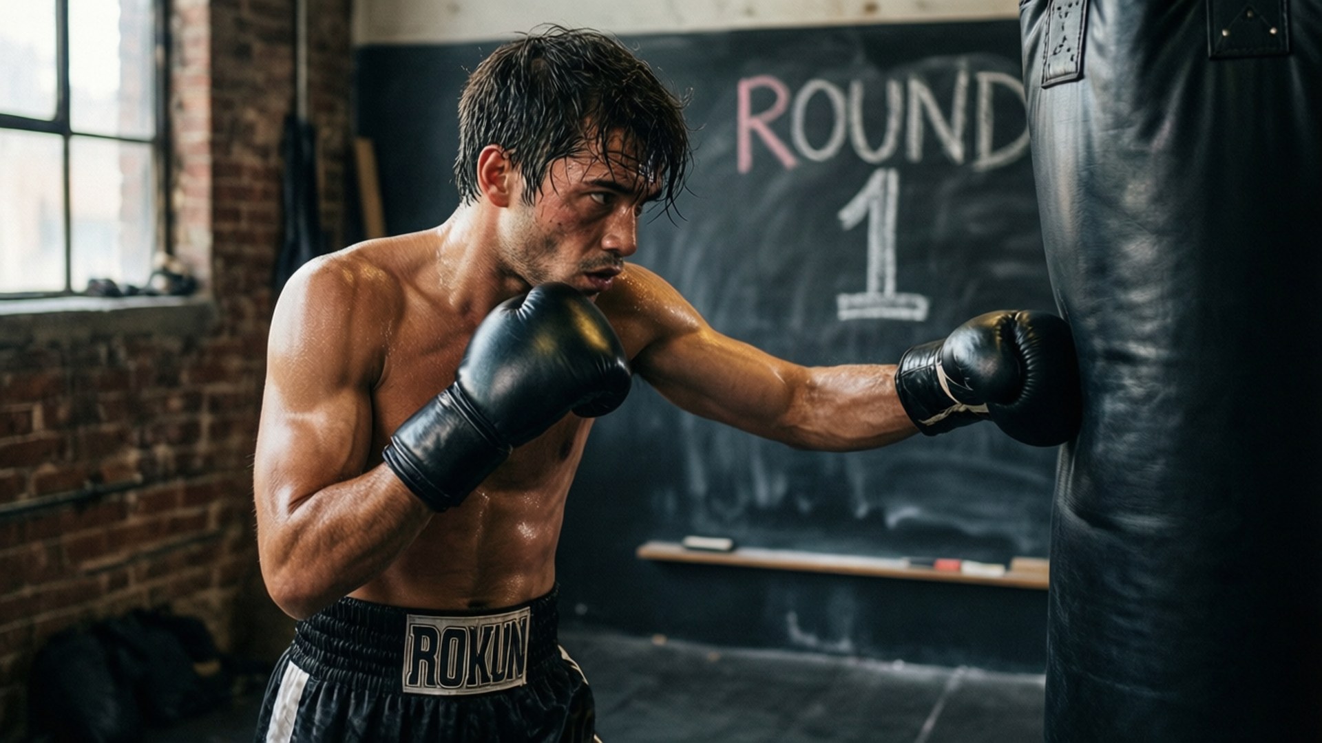 拳擊手在健身室向重型沙包揮拳，第一回合