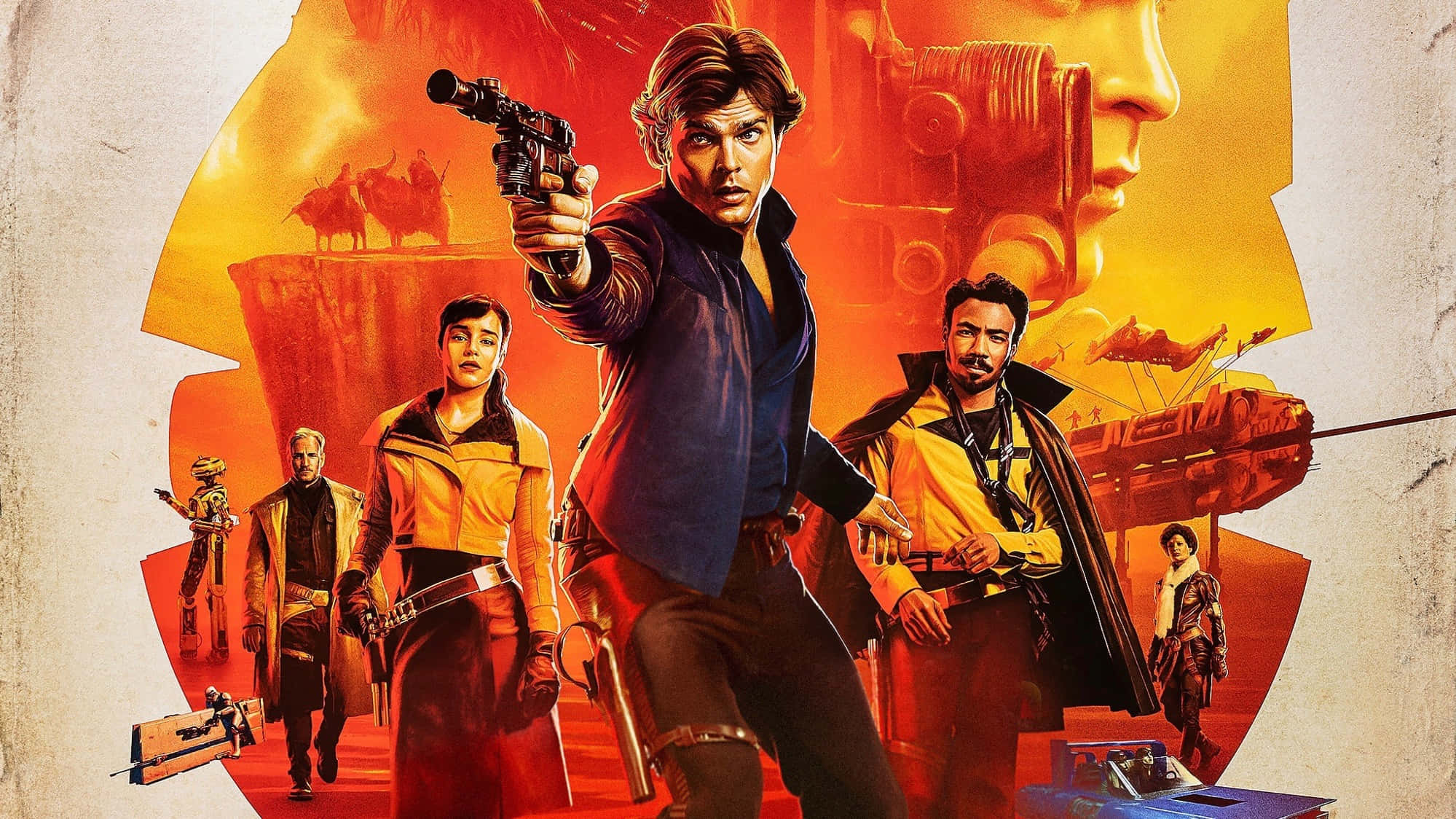 Solo A Star Wars Story 桌布 壁紙 — Han Solo 決意地向前瞄準他的爆能槍，他的船員在充滿星艦和機械細節的熾熱橙紅色背景下準備就緒。