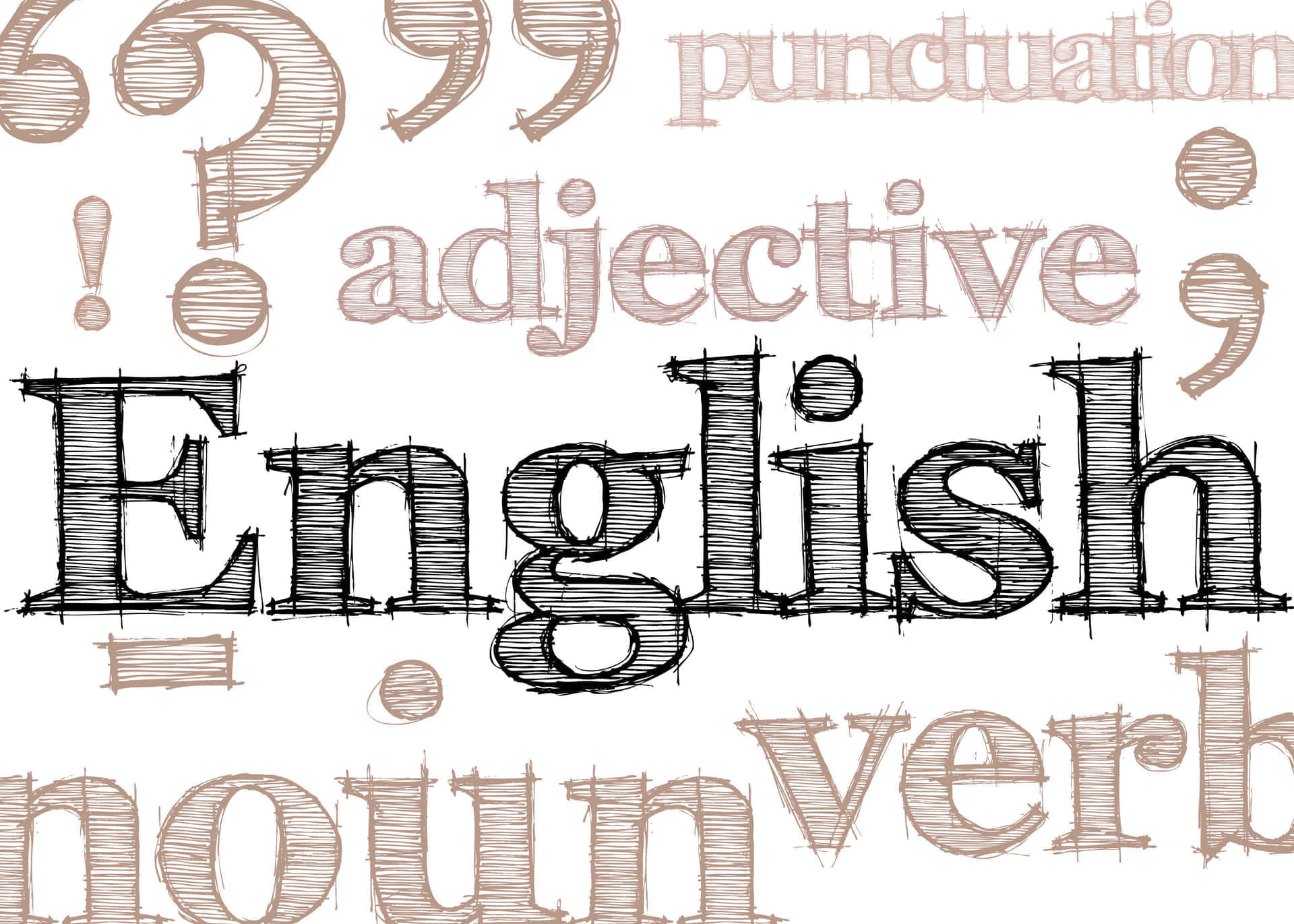  壁紙 — 手繪草圖風格字體設計，包含英文文法術語如名詞、動詞、形容詞，並以標點符號環繞。