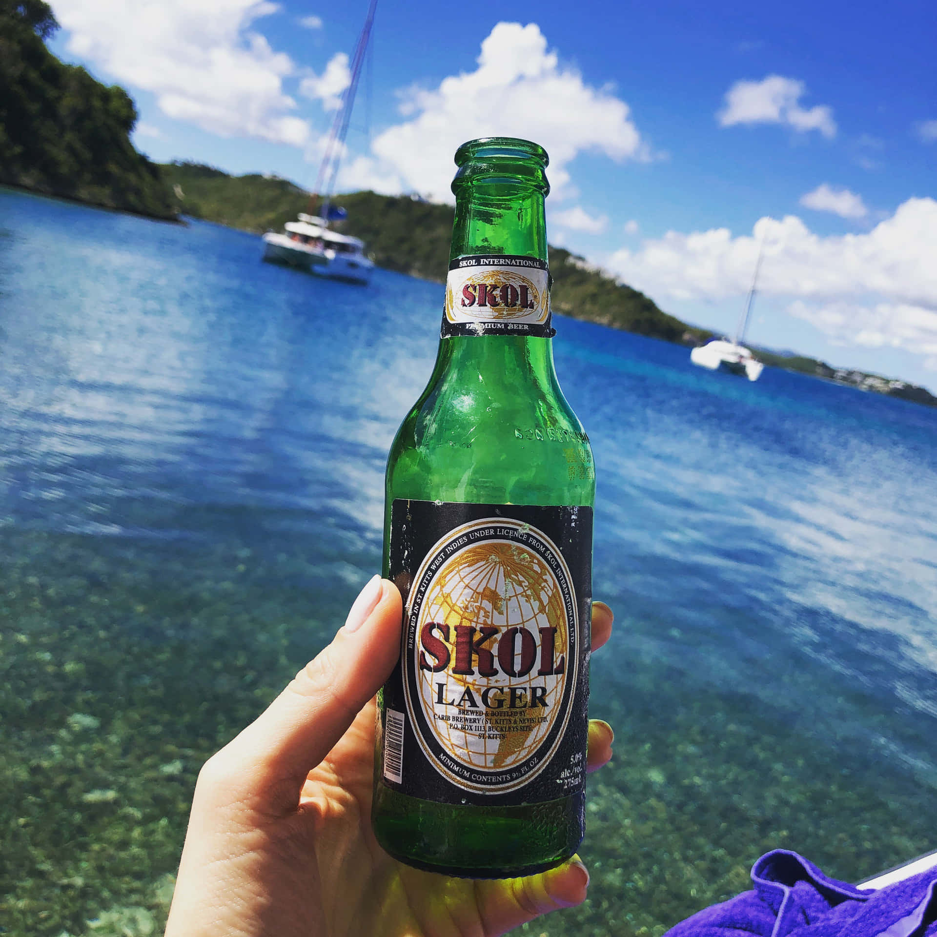  壁紙 — 一隻手拿著一瓶冰凍的綠色Skol Lager啤酒，背景是碧綠的海水、帆船和鬱鬱蔥蔥的綠色山丘，在明亮的藍天下。