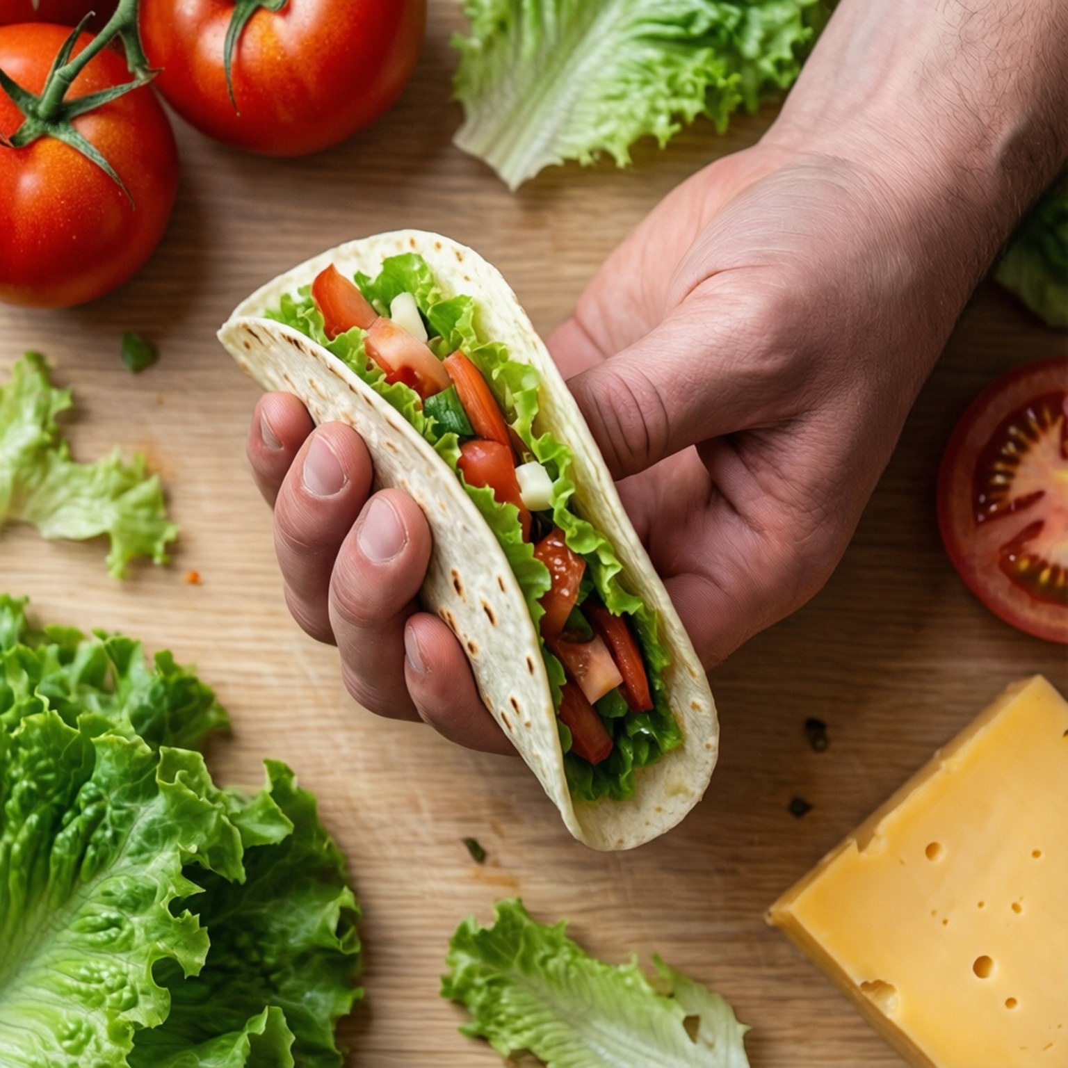 Taco Preparation Flat Lay 壁紙 — 一隻手拿著一個新鮮的墨西哥卷餅，裡面有生菜、番茄和芝士，放在木板上，周圍是各種食材。