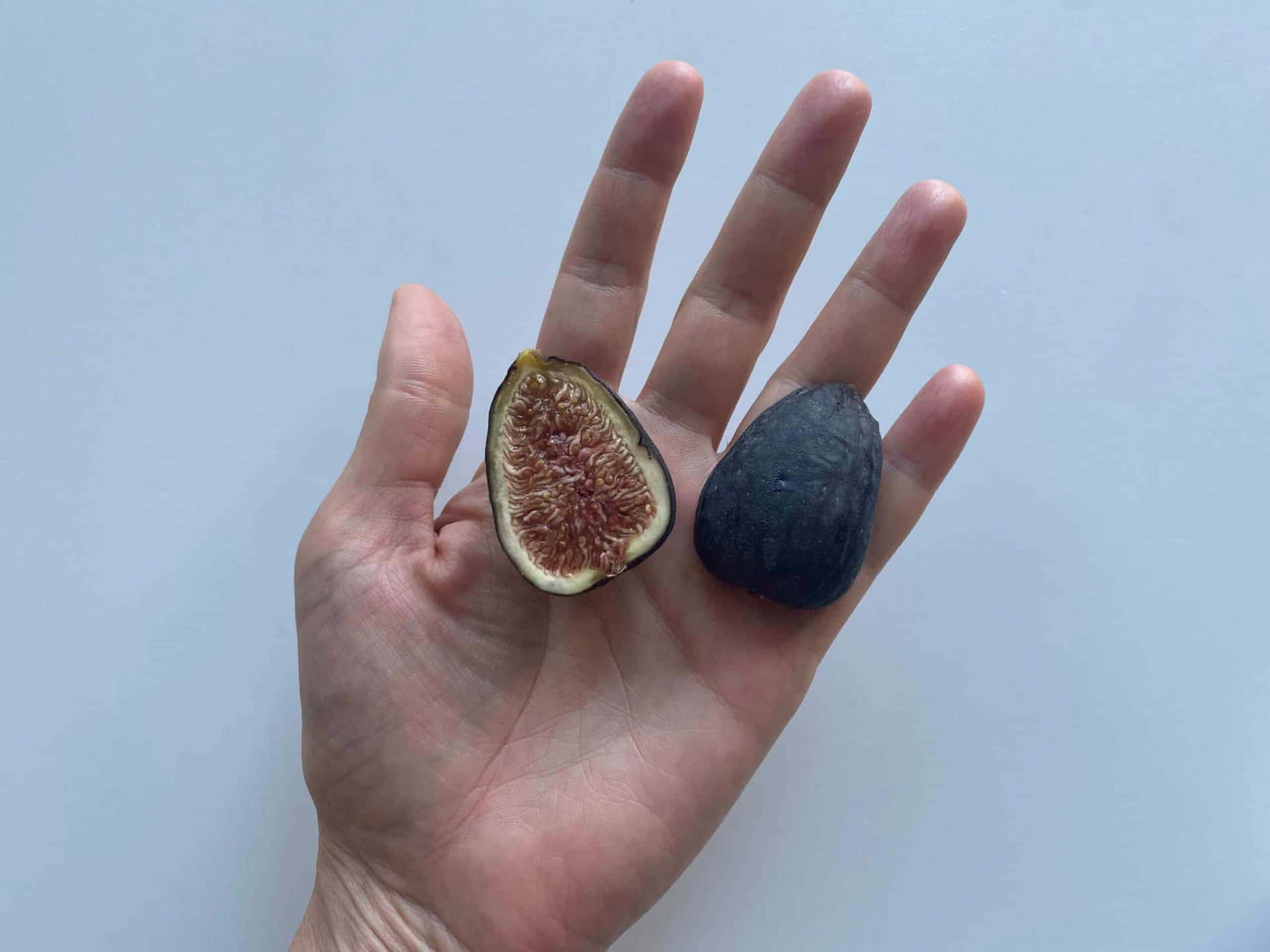  壁紙 — 一隻手拿著半個無花果，露出粉紅色的種子，旁邊有一個完整的深色無花果，背景是淡藍色。