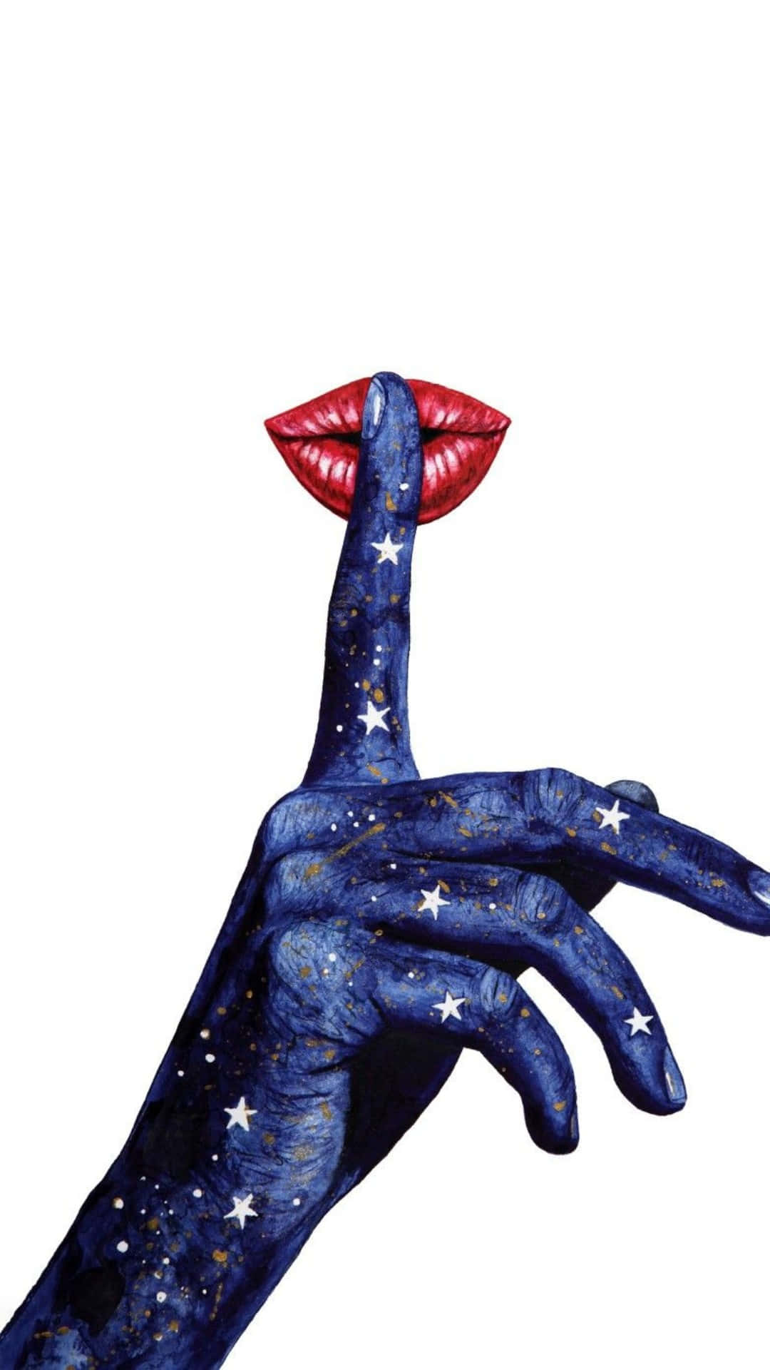  壁紙 — 一隻繪有星空藍色和白色星星的手，將紅色嘴唇形狀的手指放在嘴唇上做出安靜的手勢。