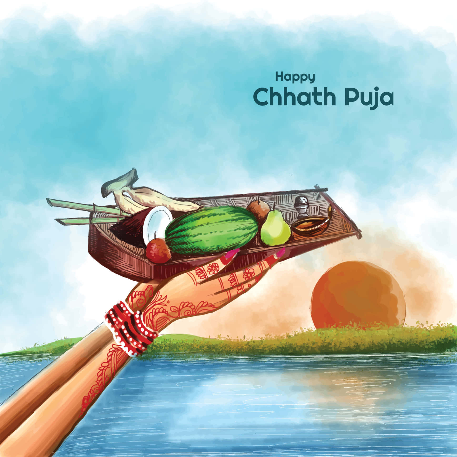Chhath Puja 桌布 壁紙 — 一隻帶有指甲花和手鐲的手，在日落水面上拿著裝有水果和供品的托盤。