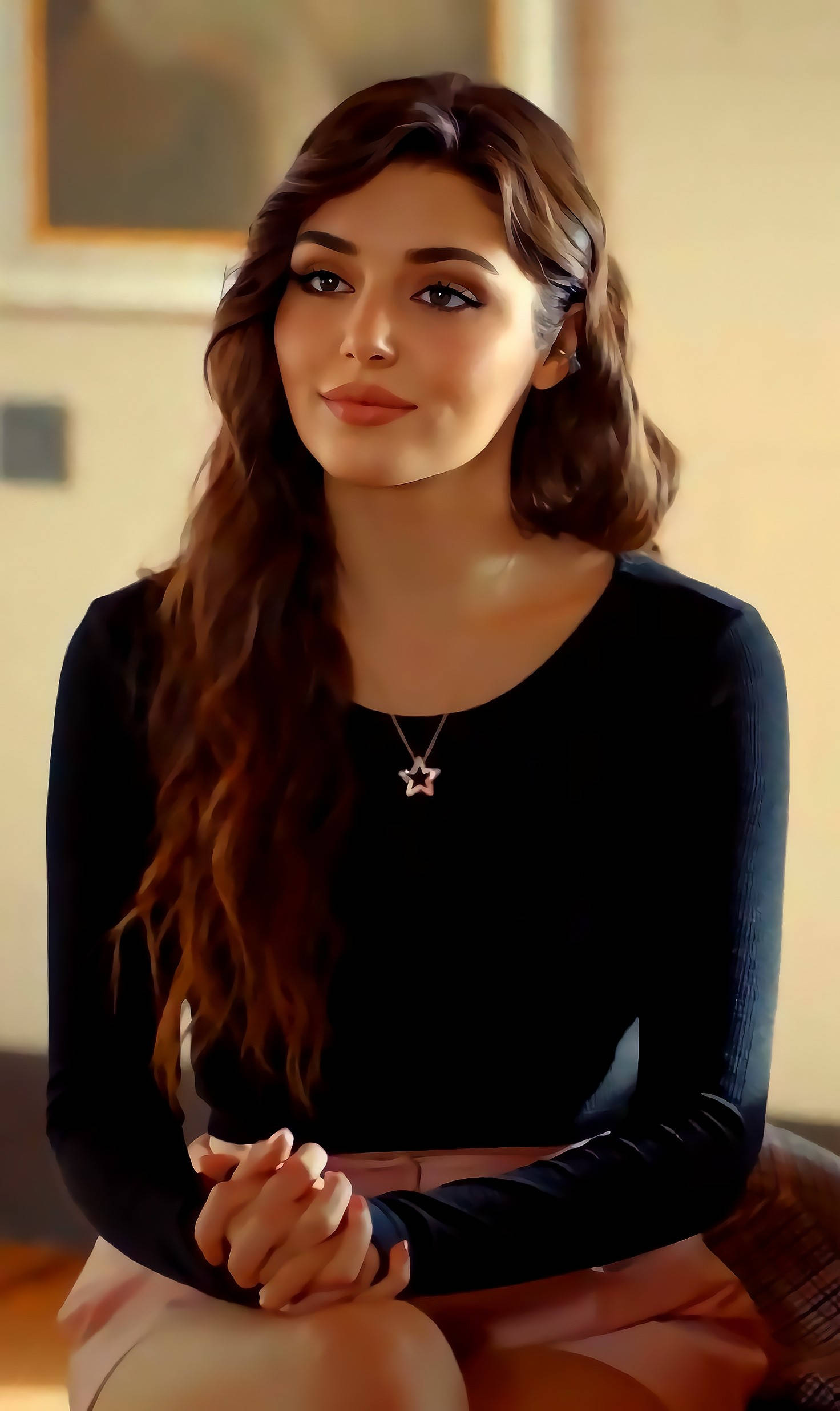 Hande Ercel 坐在椅子上 壁紙 — 一位長著棕色長波浪髮的女性，穿著黑色上衣和星星項鍊，在溫暖照明的室內環境中平靜地坐著。