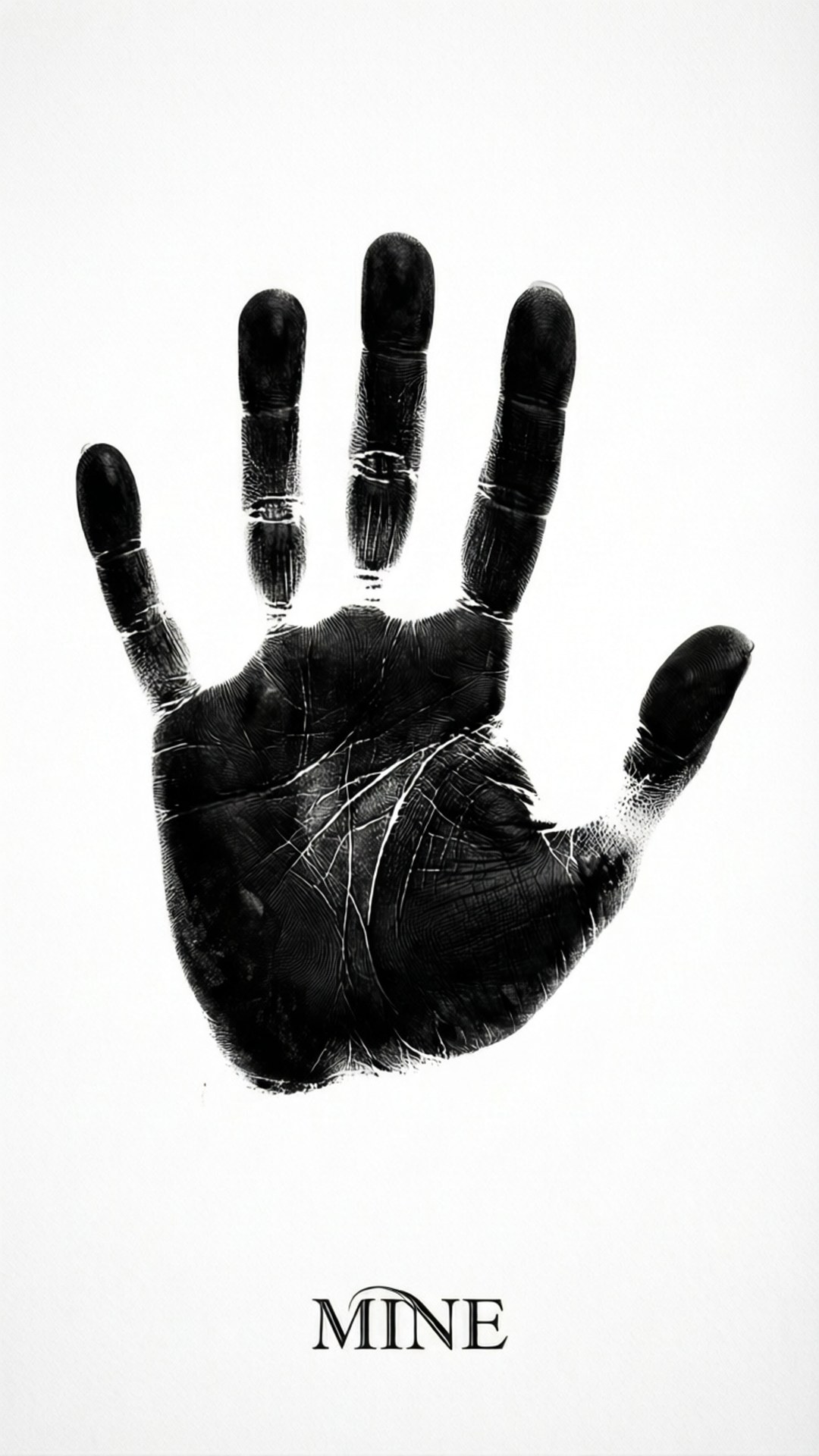 Handprint Claim 壁紙 — 白色背景上一個清晰的黑手印，帶有可見的皺紋和污跡，下方有單詞mine。