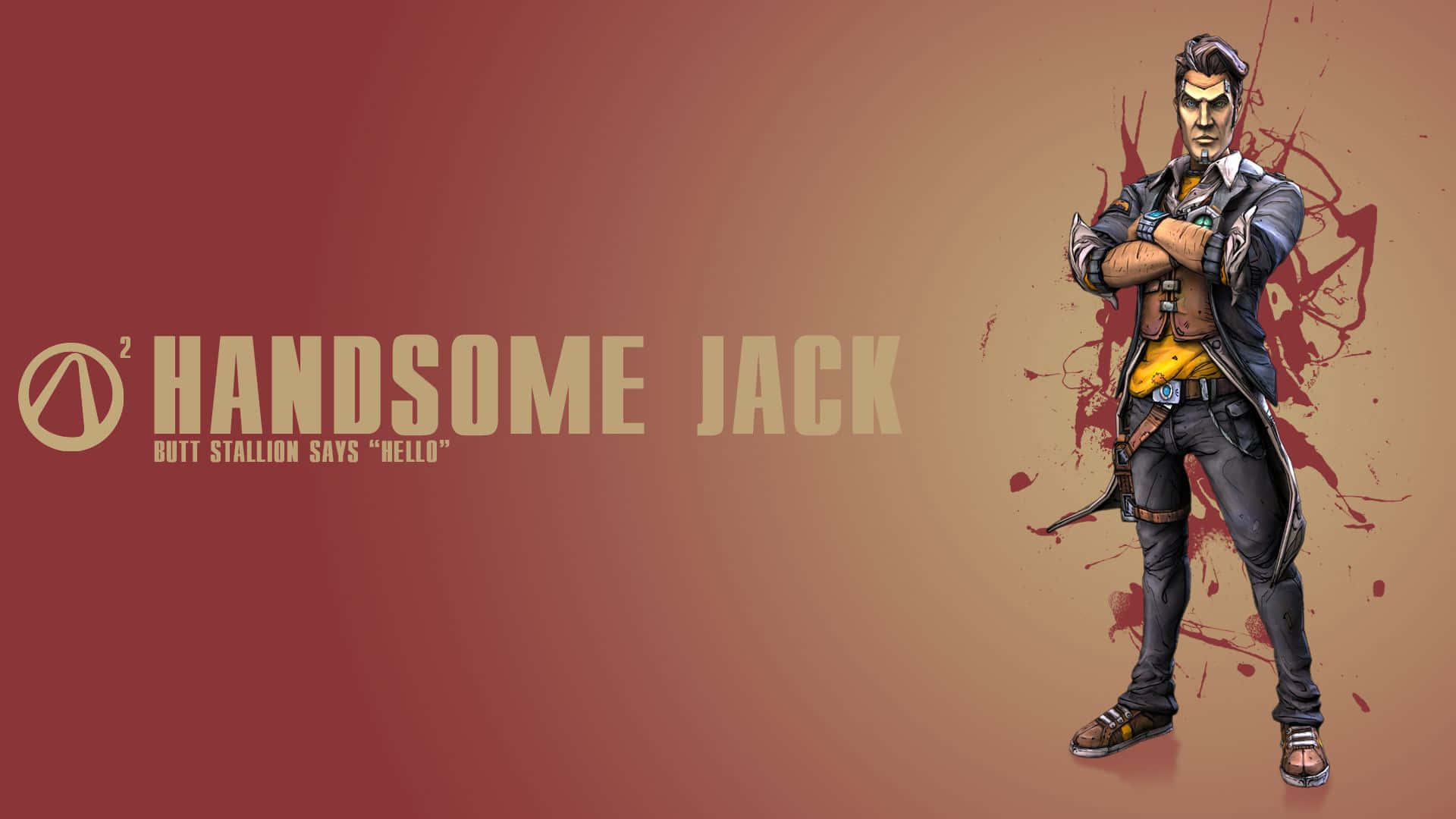 邊緣禁地 桌布 壁紙 — Handsome Jack 自信地交叉雙臂，站在帶有血跡效果的紅棕色漸變背景前。