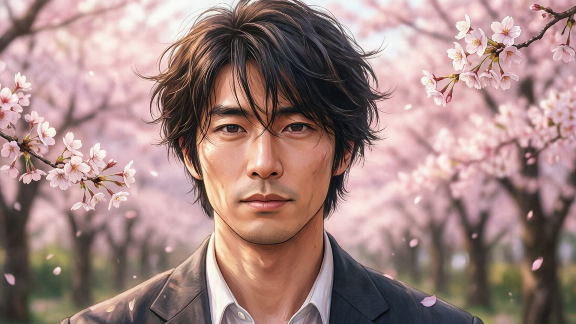 Manjiro Sano 桌布 壁紙 — 一位穿著西裝的英俊男子站在盛開的櫻花樹下，花瓣在柔和的粉紅光中飄落。