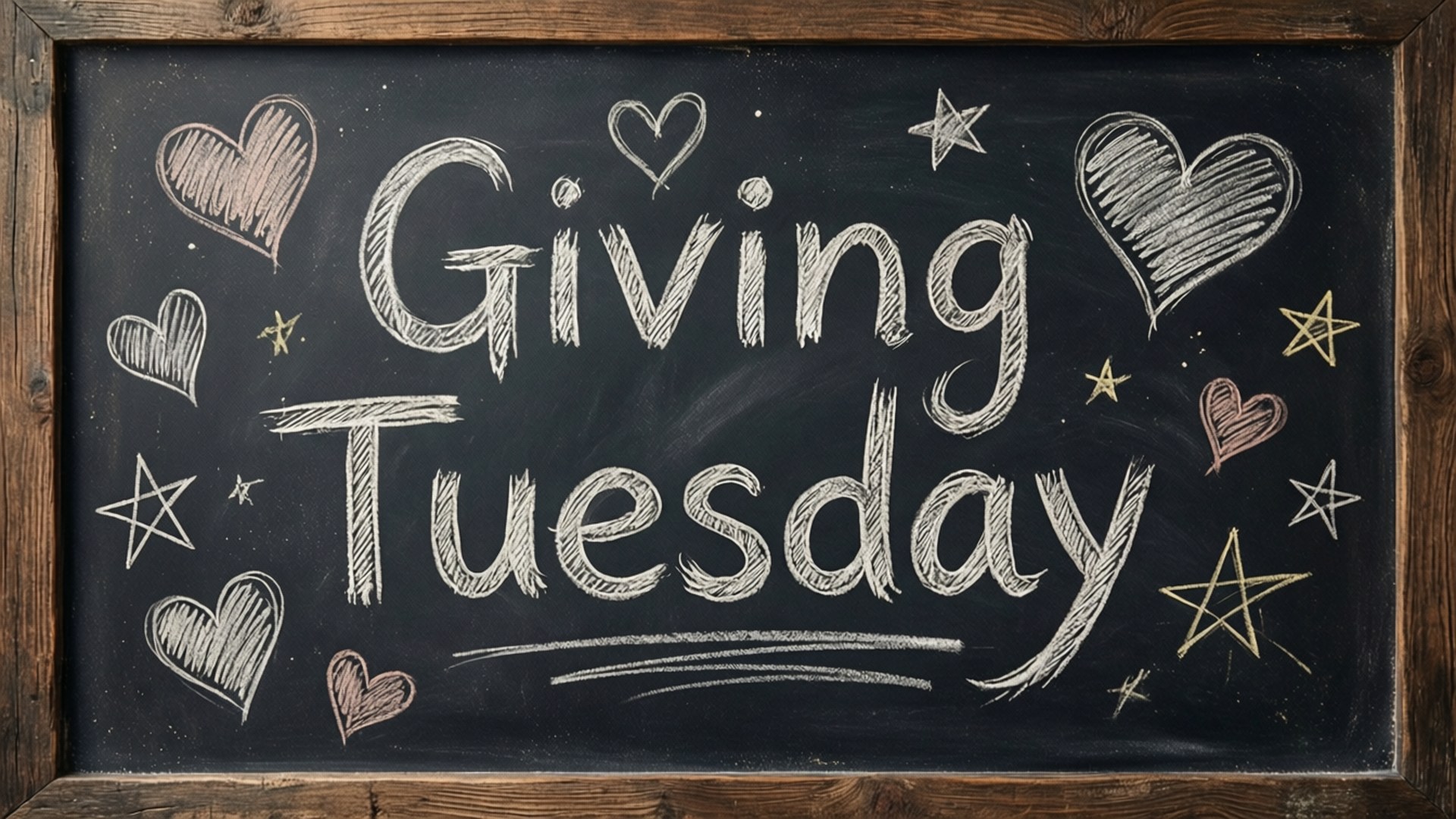 黑板上有 'Giving Tuesday'，周圍環繞心形和星星。