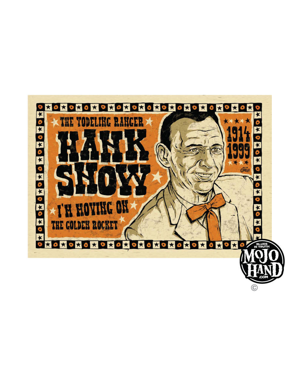 Hank Snow 動畫藝術海報 壁紙 — 復古海報插圖，漢克·斯諾微笑，戴橙色蝴蝶結，橙色背景，周圍環繞星形圖案。