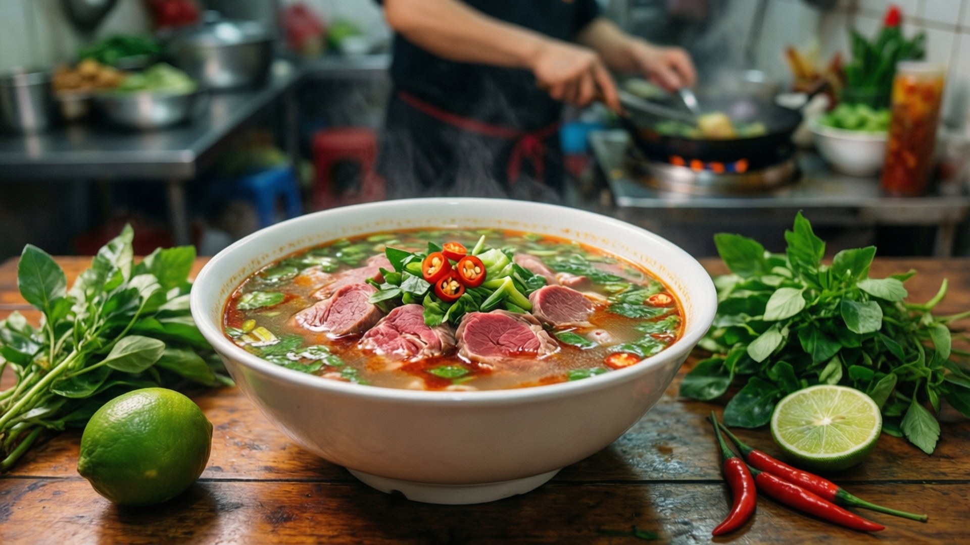 一碗熱氣騰騰的牛肉湯，配以香草和辣椒，放在木桌上，旁邊有青檸和紅辣椒。