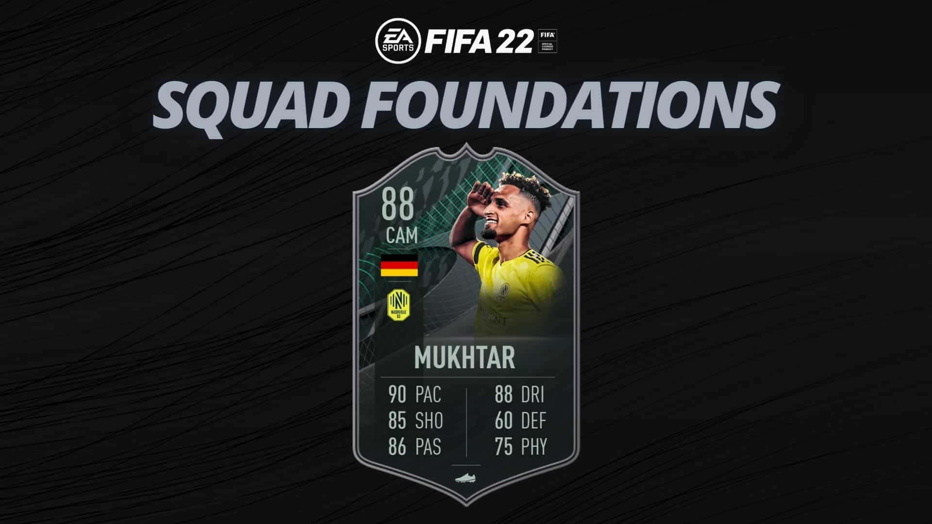 Hany Mukhtar FIFA 22 球隊基礎資料海報 壁紙 — 一張FIFA 22 Squad Foundations球員卡，展示身穿黃色球衣的Mukhtar，背景為深色紋理。