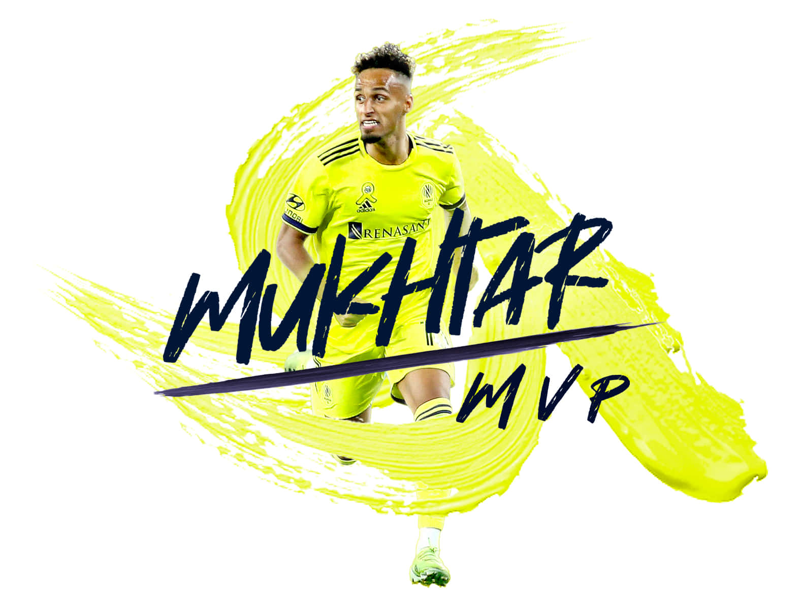 Hany Mukhtar MVP 黃色塗鴉粉絲藝術 壁紙 — 一名充滿活力的足球運動員身穿亮黃色球衣，穿過大膽的螢光黃色筆觸，上面寫有「MUKHTAR MVP」字樣。