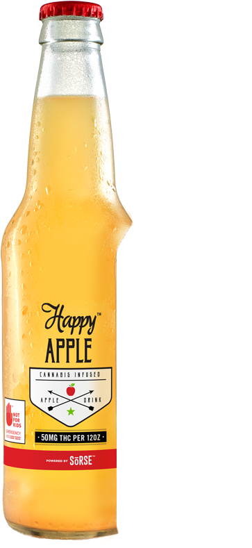 Happy Apple大麻萃取蘋果汁瓶 壁紙 — 一個冰凍琥珀色玻璃瓶裝的Happy Apple大麻飲品，在純黑背景上帶有冷凝水珠。