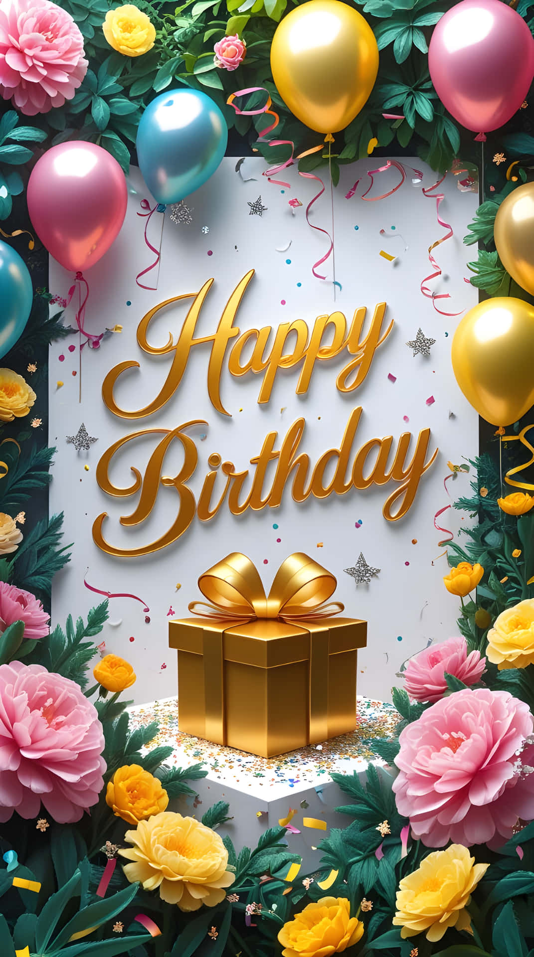 生日祝福，帶有金色文字禮物盒和彩色氣球花朵五彩紙屑