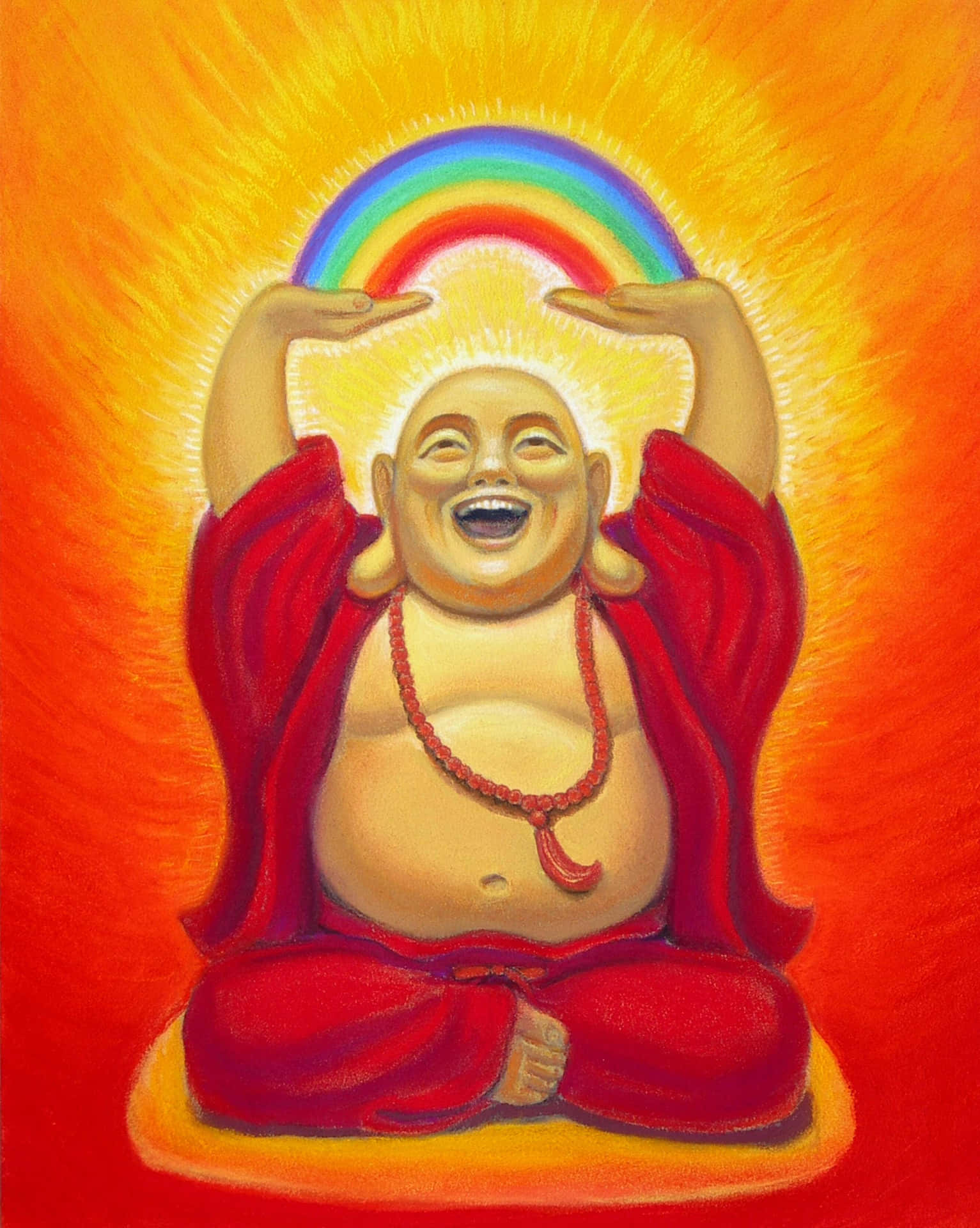  壁紙 — 一個快樂的佛陀形象，身穿紅色長袍，盤腿而坐，在光芒四射的橙色背景上，將彩虹高舉過頭頂。