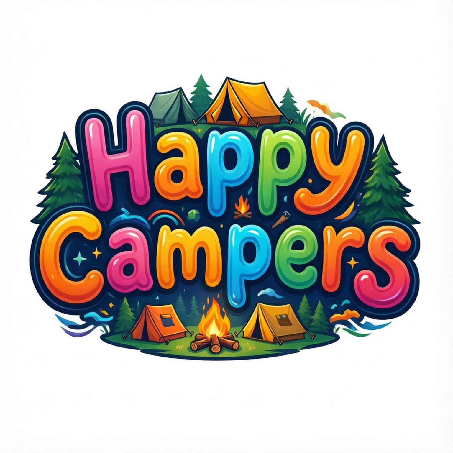 Happy Campers 標誌，帶有帳篷、營火和松樹的卡通風格