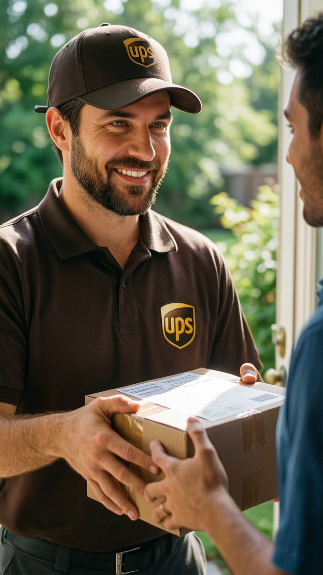 UPS司機微笑著在前門將包裹遞給顧客