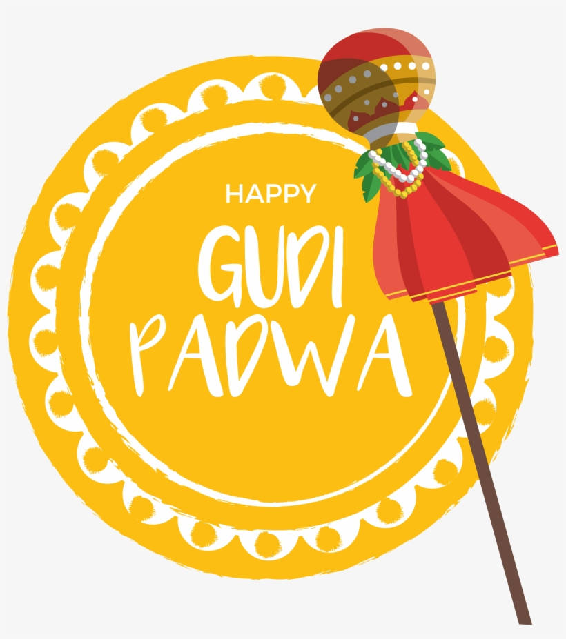 Happy Gudi Padwa 節日圖案，在黃色圓形背景上有一面裝飾的古迪旗。
