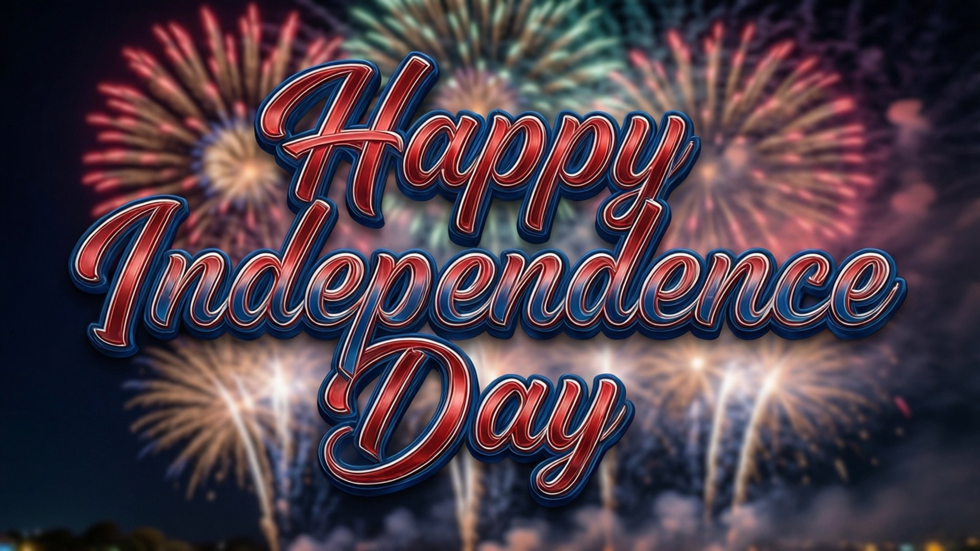 Bold Typography Tribute 壁紙 — 在黑暗的夜空中，鮮豔的煙火在粗體的紅色和藍色「Happy Independence Day」文字後方綻放。