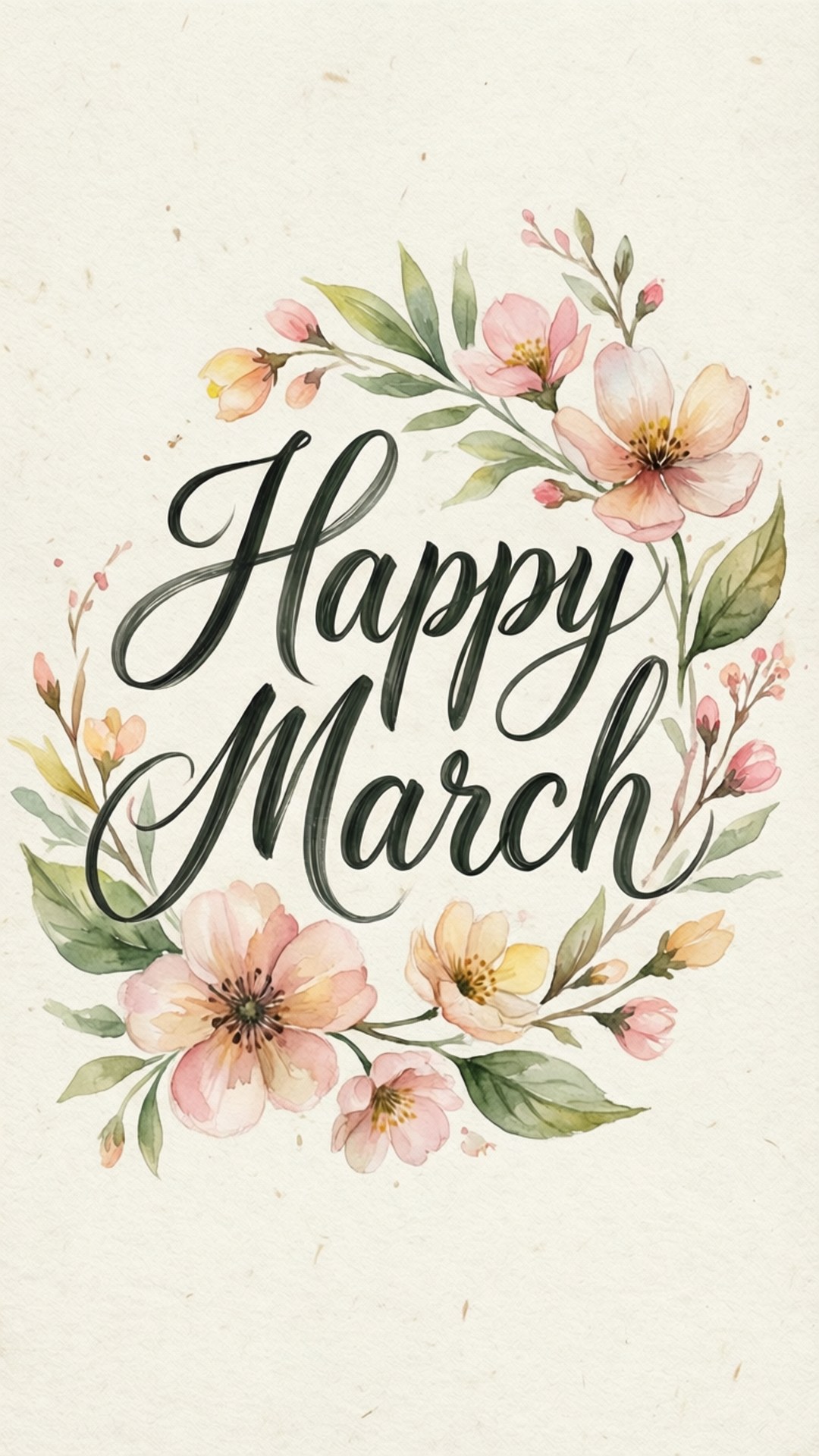 優雅草書的 'Happy March' 文字，周圍環繞著水彩風格的粉紅色桃花和綠葉。