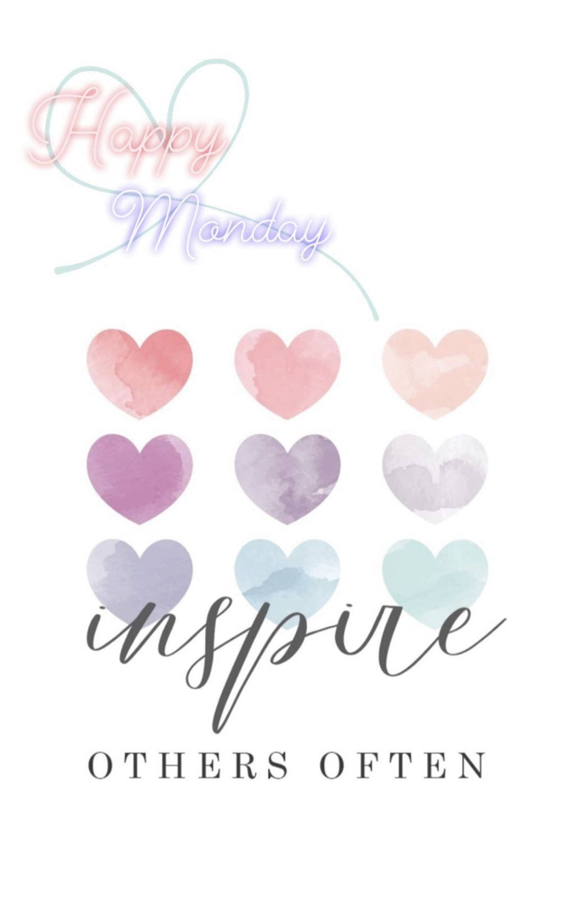 Happy Monday 激勵 壁紙 — 粉彩水彩心形以網格排列在「Happy Monday」和「inspire others often」文字下方。