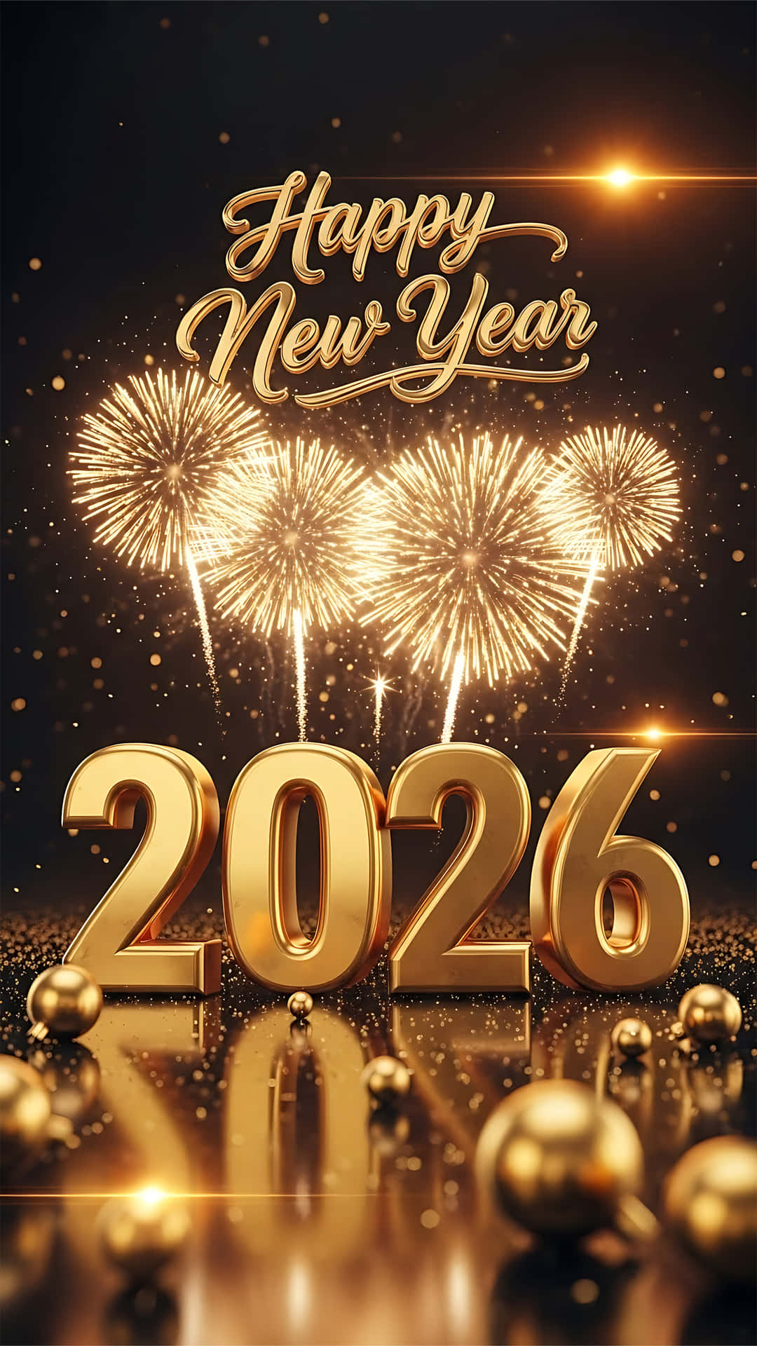 金色2026文字搭配煙花與閃光，位於反光表面，適合新年慶祝