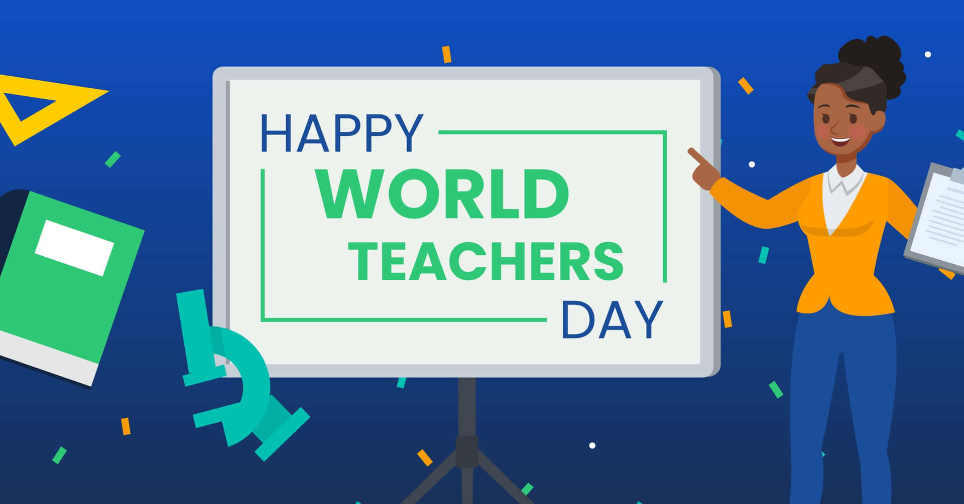  壁紙 — 一位開心的卡通老師指向顯示「Happy World Teachers Day」的白板，周圍漂浮著學校用品和五彩紙屑。