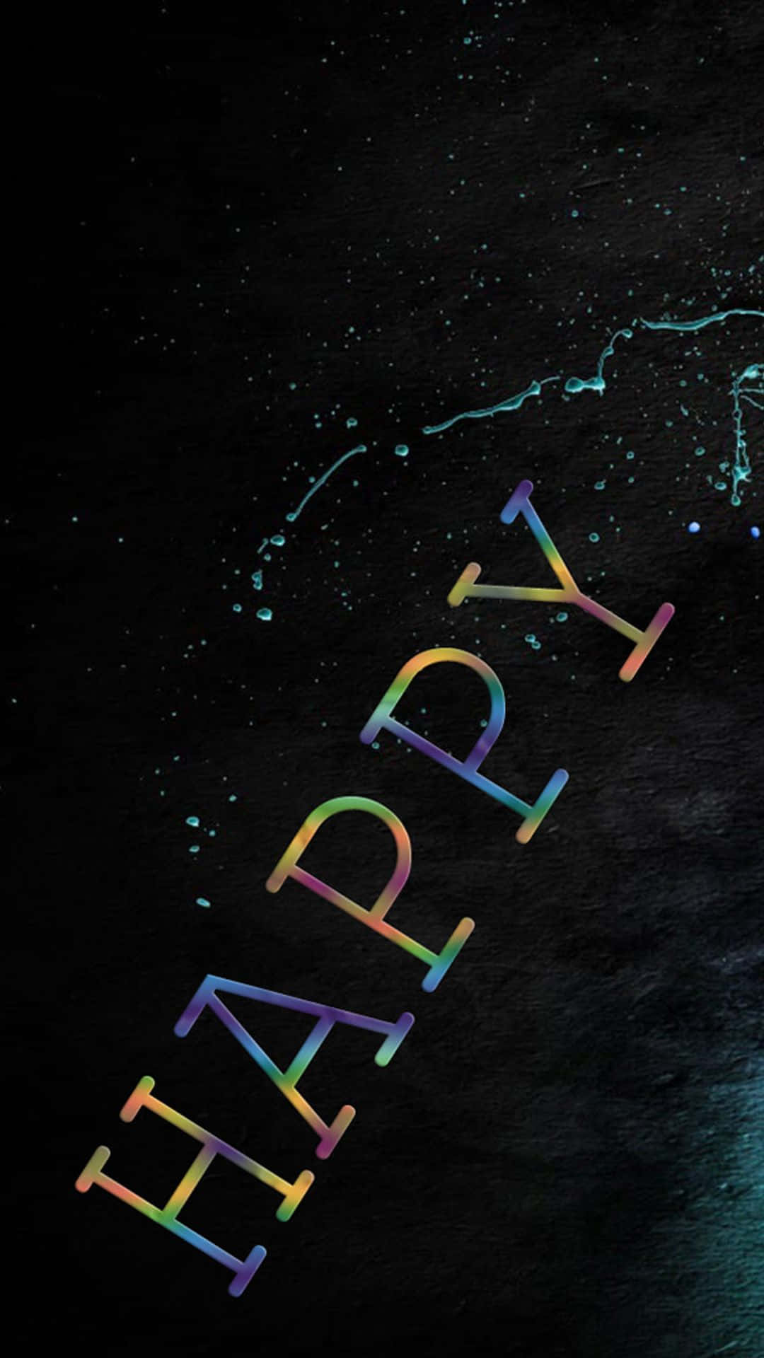 Happy iPhone 桌布 壁紙 — 「happy」一詞以鮮豔的彩虹漸變字母發光，背景為深色紋理，帶有散落的藍色油漆潑濺。