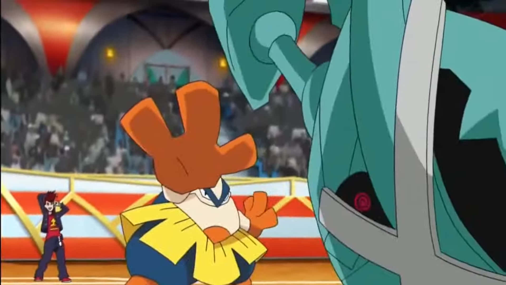 Hariyama對戰Metagross 壁紙 — 一隻堅定的橙色和黃色動畫寶可夢在擠滿觀眾的體育館競技場中面對著高聳的青綠色機械人。