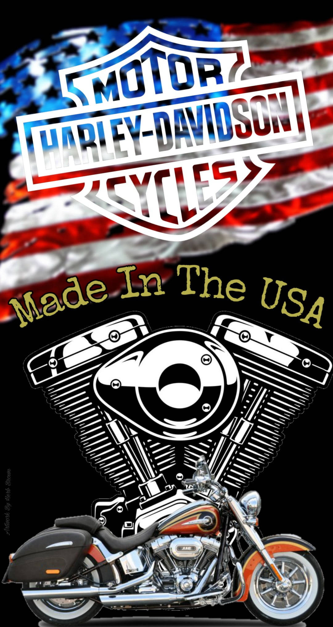 Harley-Davidson摩托車，帶有美國國旗背景和「Made In The USA」文字。 — 哈雷戴維森 壁紙