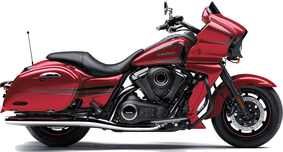 紅色 Harley Davidson 摩托車 壁紙 — 一輛亮紅色旅行摩托車，帶有黑色點綴和鍍鉻細節，側面立於純白背景前。
