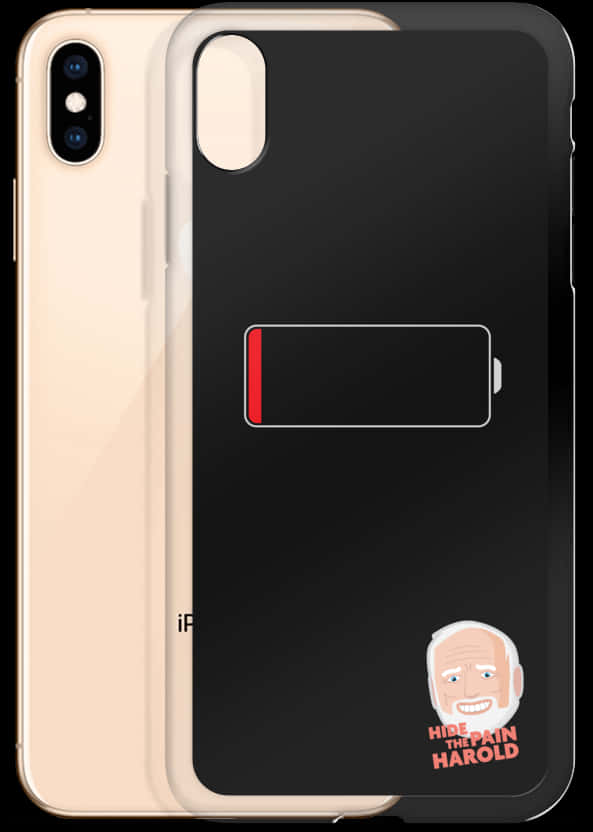 低電量 Harold 手機殼 壁紙 — 一個黑色iPhone手機殼，上面有低電量圖標和一個卡通臉說hide the pain harold。
