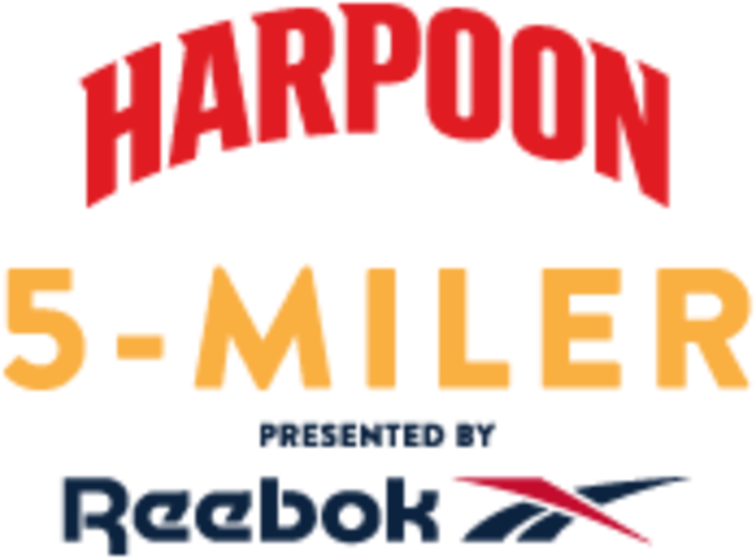 Harpoon 5-Miler活動標誌（由Reebok贊助） 壁紙 — 粗體紅色和黃色像素文字在黑色背景上宣佈由 Reebok 贊助的 Harpoon 5-Miler 賽事。