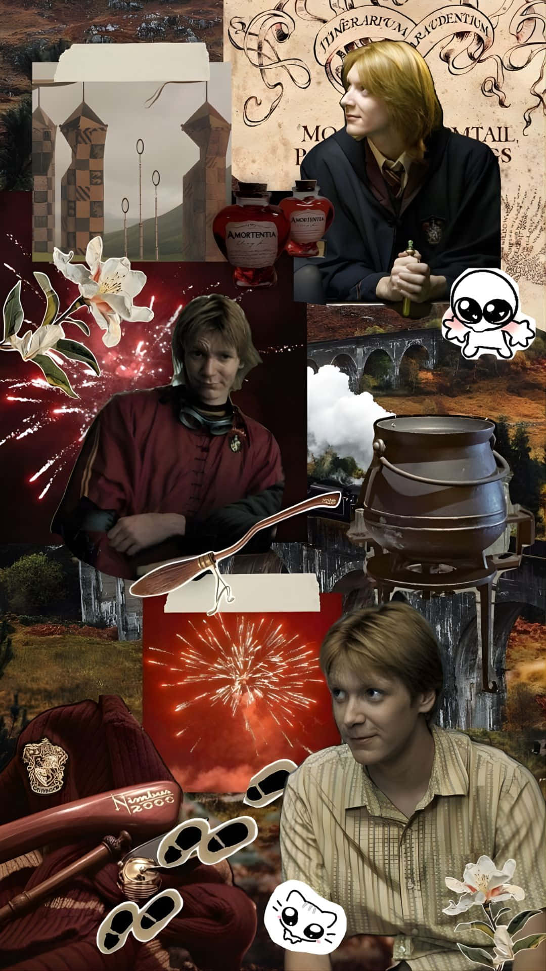  壁紙 — 一幅充滿活力的哈利波特主題拼貼畫，以火紅和金色背景為襯托，展現角色、魁地奇裝備和魔法元素。