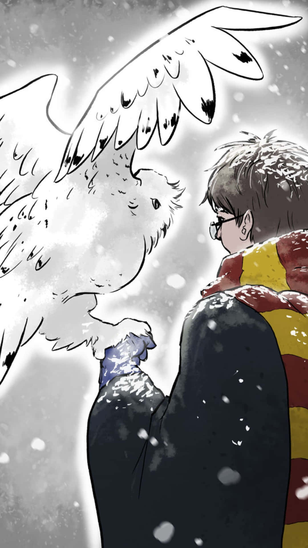 Harry Potter 與 Hedwig 的魔法情誼 壁紙 — 一個戴著條紋圍巾的小男孩在飄雪背景下輕輕抱著一隻展翅的雪鴞。