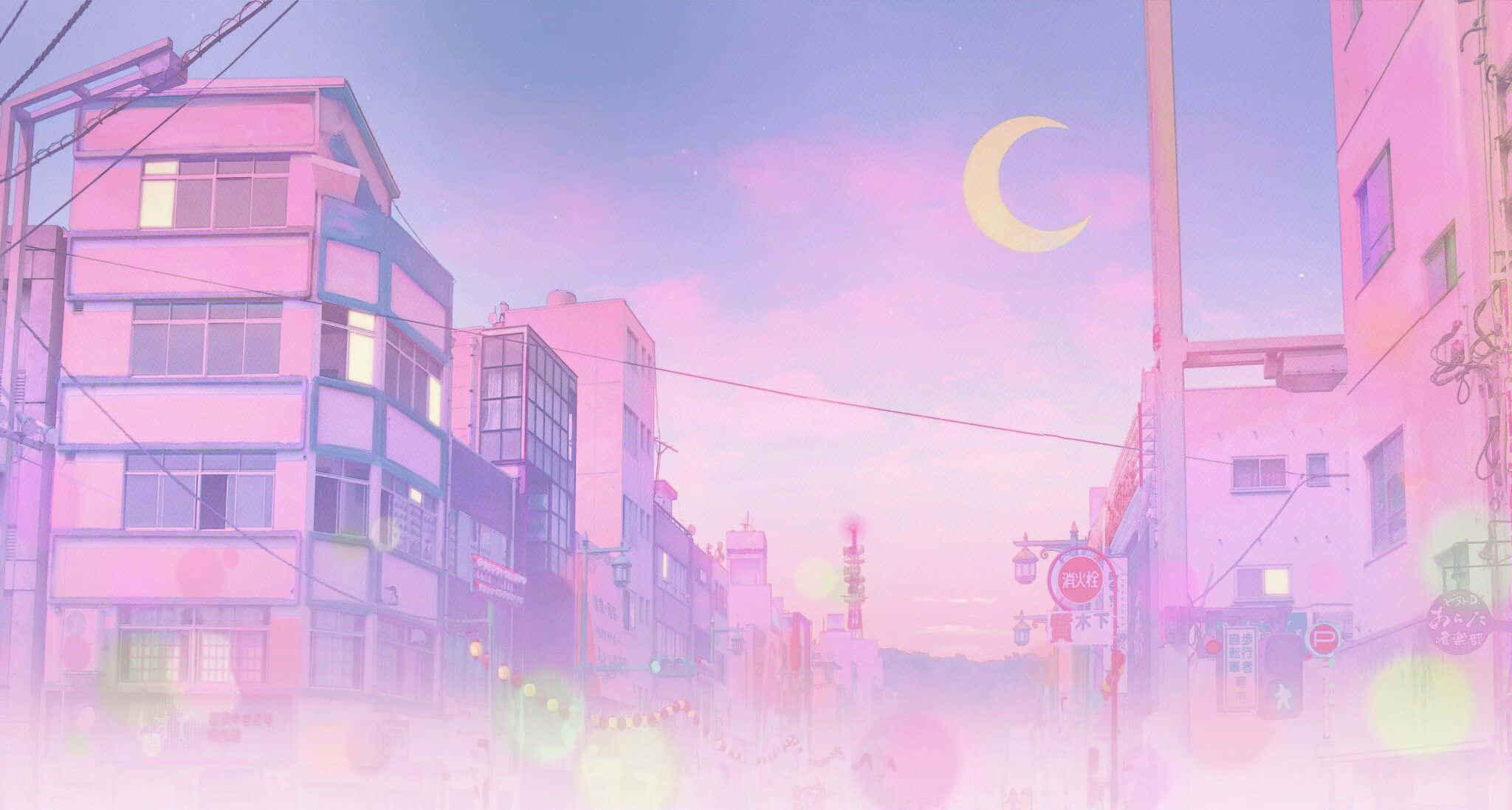 Haru 的粉紅動漫美學 壁紙 — 一條夢幻的動漫街道，沐浴在粉紅色和紫色的色調中，新月在粉彩建築上方閃耀。