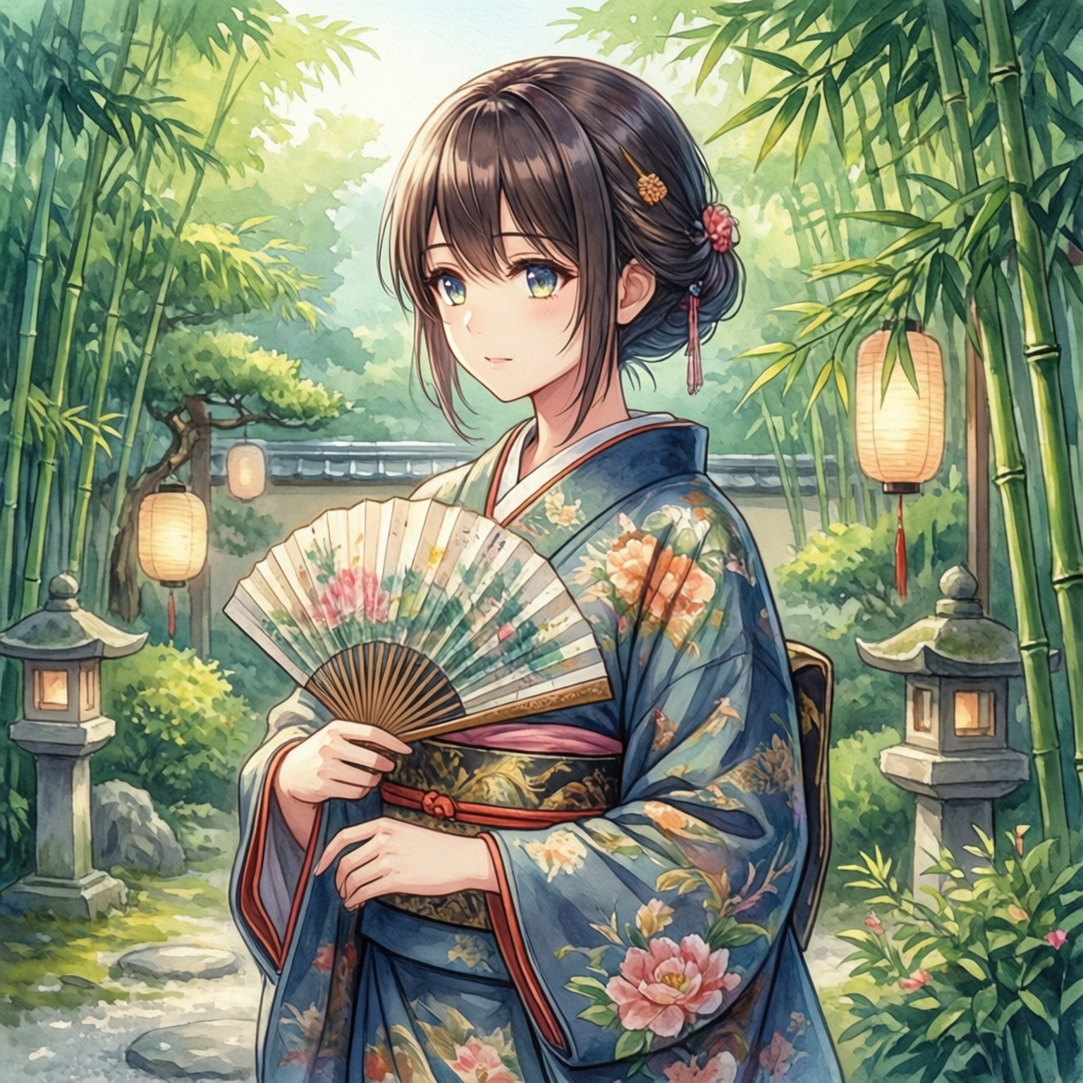 身穿花卉和服的年輕女子在竹園中手持扇子，旁邊有石燈籠