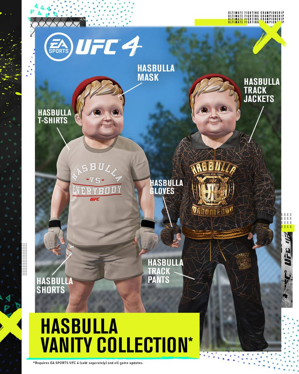 兩個嬰兒戰士穿著UFC 4 Hasbulla虛榮裝備在戶外擺姿勢。