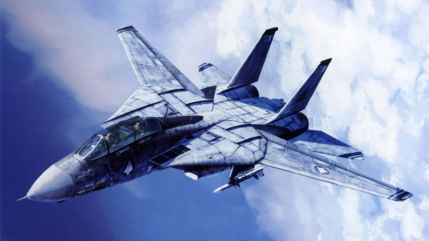 Hasegawa 1/72 Macross Zero F-14 塑膠模型玩具飛機動畫（1366x768 巨型客機背景） 壁紙 — 一架流線型戰鬥機在充滿蓬鬆白雲的戲劇性藍天中翱翔。