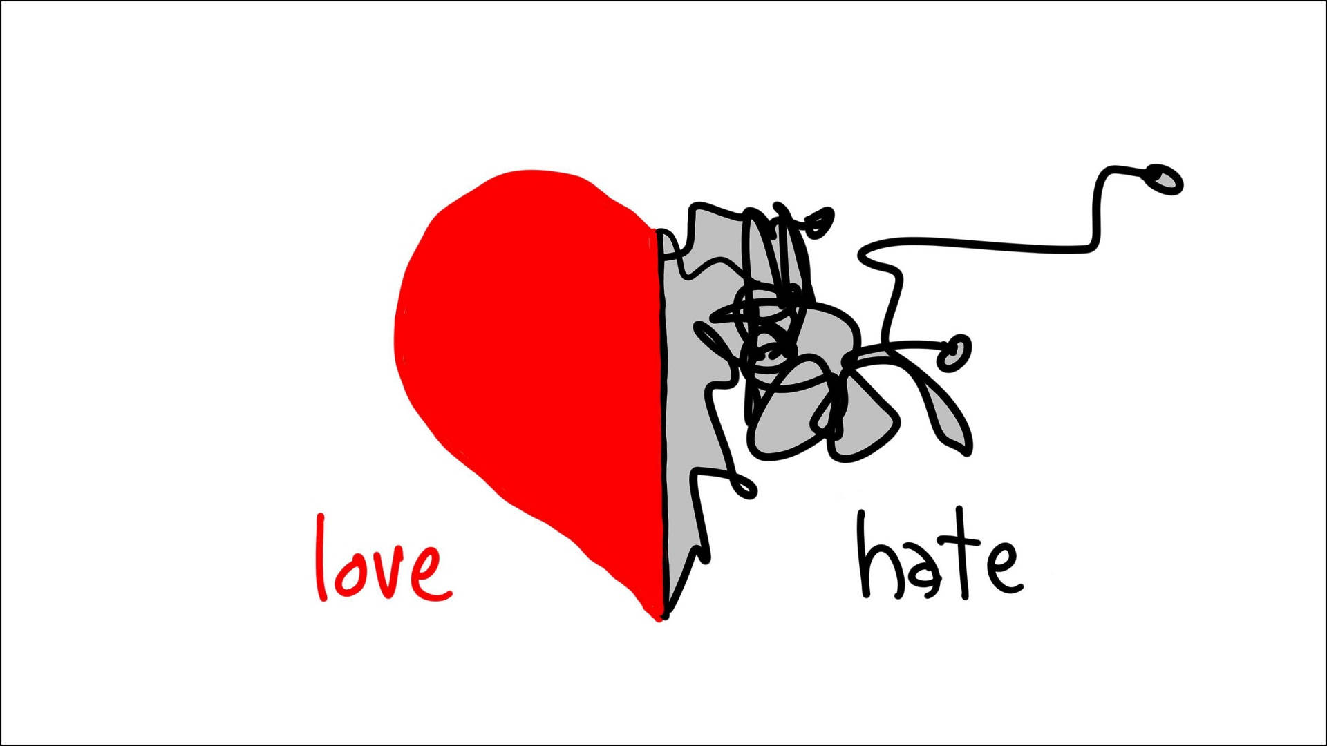 「Hate Love」數位線條藝術 壁紙 — 一個標有「愛」的紅色心形被標有「恨」的雜亂塗鴉分割，背景為白色。